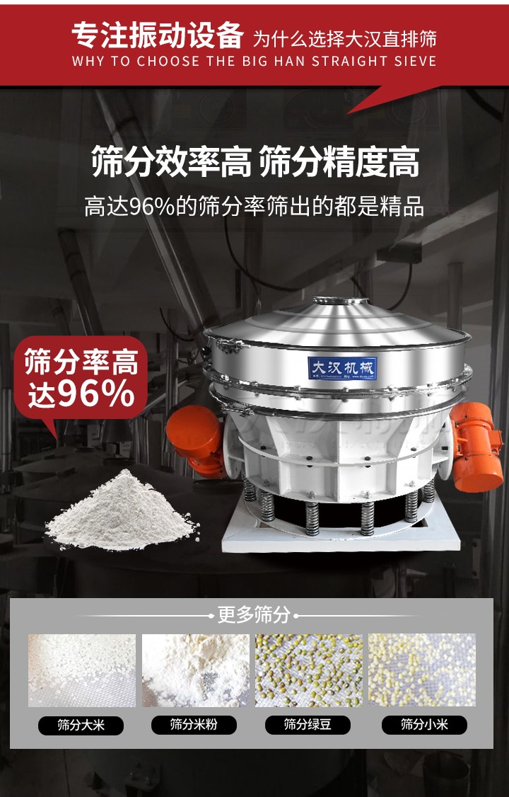 直排筛适用物料有面粉，淀粉，洗衣粉，金属粉，添加剂，化工，非矿等行业。